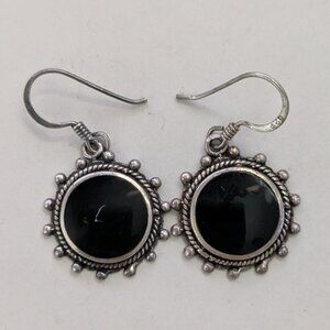 CW 925 Sterling Silver Black Onyx Round Dangle Pierced Earrings
